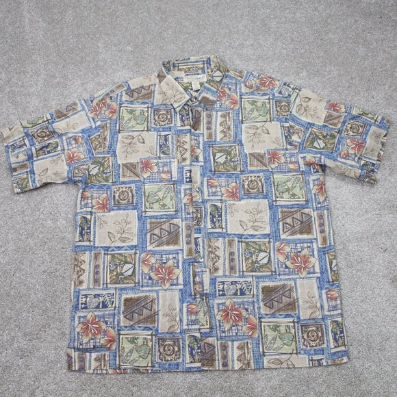 Tori Richard Shirt Men XL Tan Floral Hawaiian Cotton Lawn Short Sleeve Button Up - Picture 1 of 11